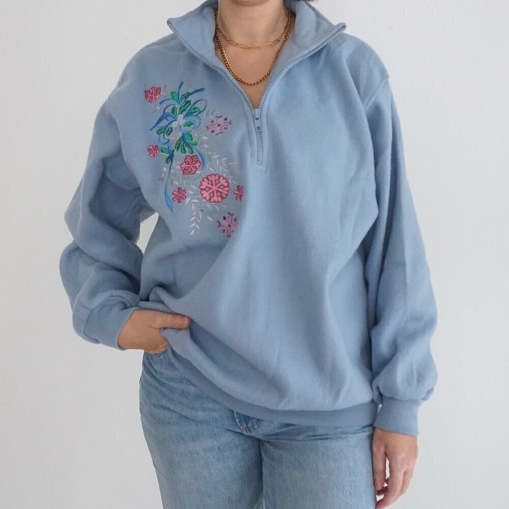 Vintage Separate Scene Blue Embroidered Snowflake Fleece Quarter Zip Sweater M